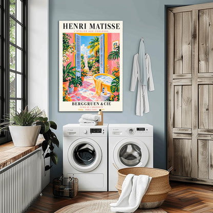 A vertical minimalist fine art exhibition poster in the style of Henri Matisse, featuring a wide white border layout. In the center, a simple black line drawing illustrates a vintage clawfoot bathtub sitting on a terracotta red balcony floor. The balcony opens out to a view of a flat royal blue ocean and a mustard yellow sky. The entire composition is framed by flat paper-cut abstract organic coral leaf shapes against a solid white backdrop.