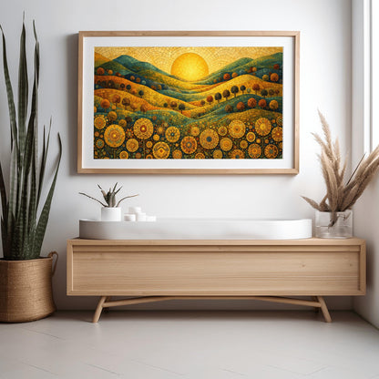 A horizontal landscape illustration in a mosaic style. A large golden sun is centered in a tiled sky above rolling hills of teal, gold, and orange. The hills are populated with small rounded trees. The foreground is a dense field of intricate, circular mandala-style flowers.