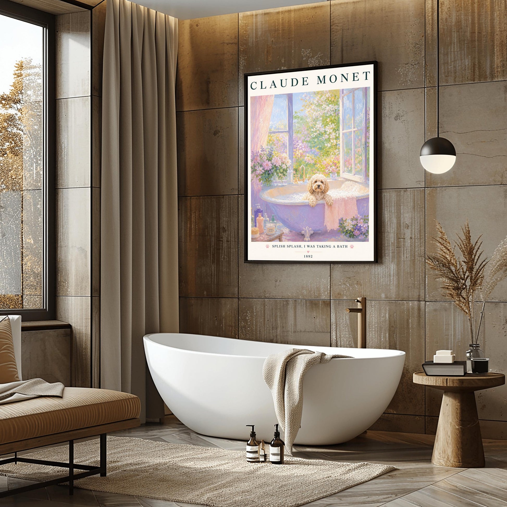 A vertical art print in a soft impressionist style. A small, fluffy, cream-colored dog sits in a lavender-colored bathtub filled with soapy bubbles. The tub is by an open window overlooking a sunlit garden of pink and purple flowers. The top of the print says "CLAUDE MONET" in a dark serif font. The bottom features the text "SPLISH SPLASH, I WAS TAKING A BATH" with small pink paw prints.