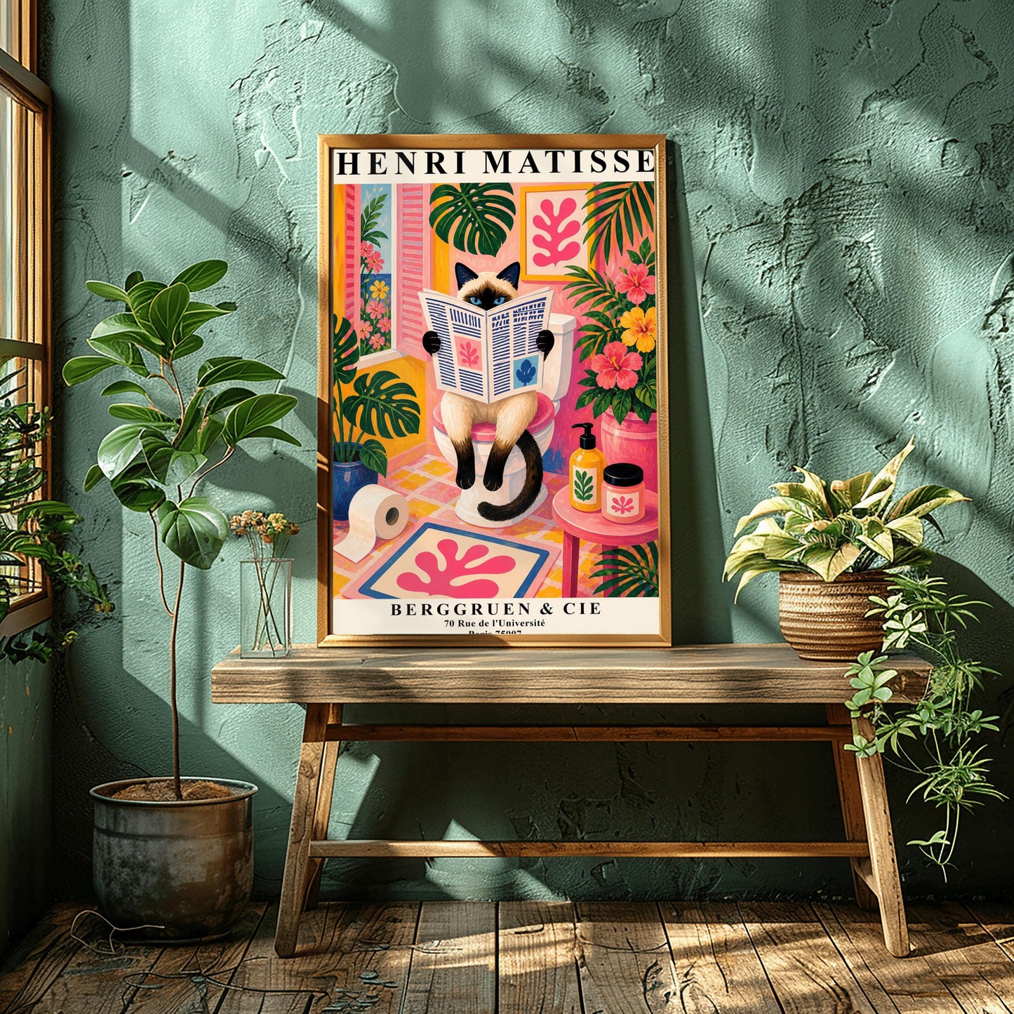 A vertical maximalist art print designed as a Henri Matisse exhibition poster. A cream-colored Siamese cat with dark brown points and blue eyes sits on a toilet, holding and reading a newspaper. The bathroom is vibrantly colored with pink walls, yellow and pink checkered tiles, and lush green monstera plants. A window with pink shutters looks out onto a blue sea. A pink bath mat with a leaf cut-out design and colorful soap jars add to the eclectic decor.