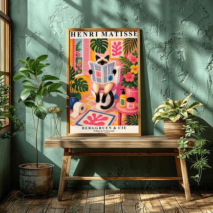 A vertical maximalist art print designed as a Henri Matisse exhibition poster. A cream-colored Siamese cat with dark brown points and blue eyes sits on a toilet, holding and reading a newspaper. The bathroom is vibrantly colored with pink walls, yellow and pink checkered tiles, and lush green monstera plants. A window with pink shutters looks out onto a blue sea. A pink bath mat with a leaf cut-out design and colorful soap jars add to the eclectic decor.