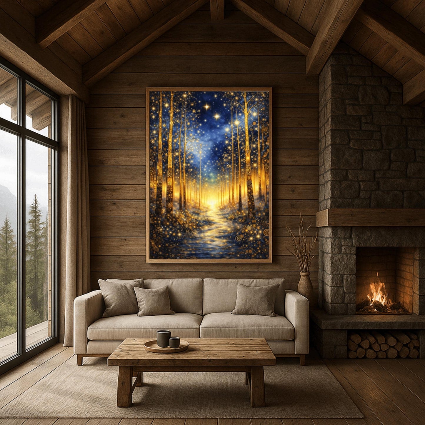 A vertical art print in the style of Gustav Klimt. It depicts a magical forest at night with tall, slender trees decorated with intricate golden swirls and geometric patterns. A shimmering golden path leads through the center toward a bright light in the distance. The dark blue sky is filled with numerous bright, glowing stars and a hazy golden nebula. The entire scene is rich with gold leaf textures and decorative mosaic details.