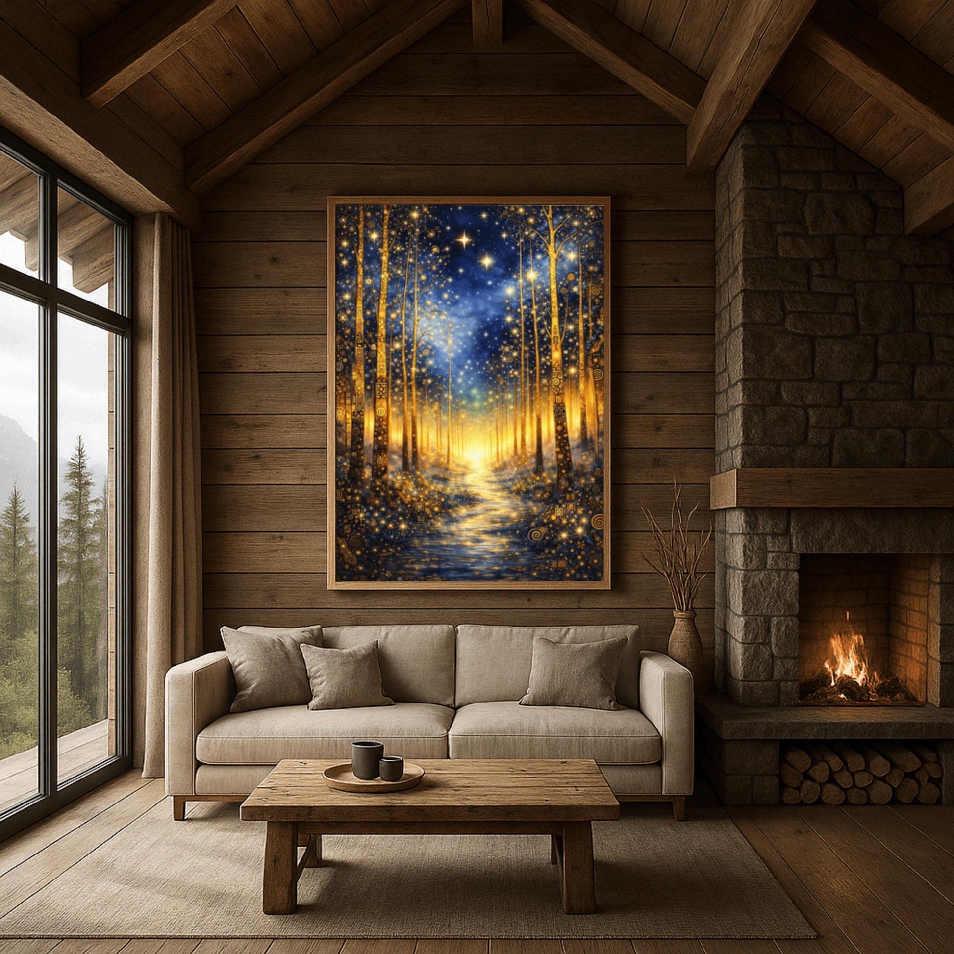 A vertical art print in the style of Gustav Klimt. It depicts a magical forest at night with tall, slender trees decorated with intricate golden swirls and geometric patterns. A shimmering golden path leads through the center toward a bright light in the distance. The dark blue sky is filled with numerous bright, glowing stars and a hazy golden nebula. The entire scene is rich with gold leaf textures and decorative mosaic details.