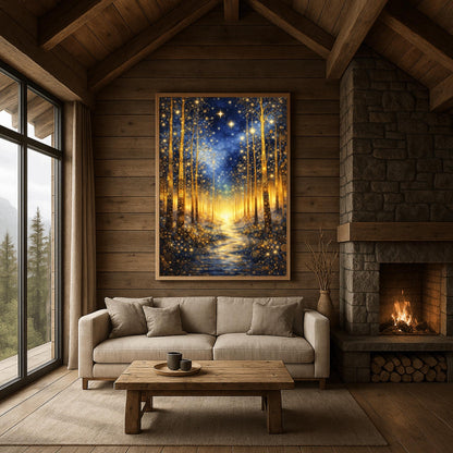 A vertical art print in the style of Gustav Klimt. It depicts a magical forest at night with tall, slender trees decorated with intricate golden swirls and geometric patterns. A shimmering golden path leads through the center toward a bright light in the distance. The dark blue sky is filled with numerous bright, glowing stars and a hazy golden nebula. The entire scene is rich with gold leaf textures and decorative mosaic details.