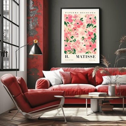 A vertical art print styled as a Henri Matisse exhibition poster. The central image is a dense pattern of soft pink and rose-colored flowers with dark green leaves on a cream-colored background. The flowers are painted with visible, textured brushstrokes. Above the image, the words "PAPIERS DÉCOUPÉS" are written in a black serif font. Below the image, the text reads "H. MATISSE" in large letters, with "ECOLE DE PARIS" and "FRANCE 1890" in smaller text at the bottom.