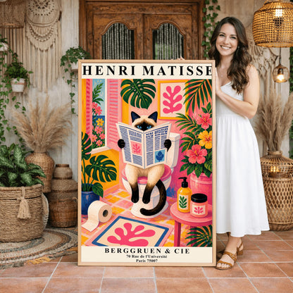 A vertical maximalist art print designed as a Henri Matisse exhibition poster. A cream-colored Siamese cat with dark brown points and blue eyes sits on a toilet, holding and reading a newspaper. The bathroom is vibrantly colored with pink walls, yellow and pink checkered tiles, and lush green monstera plants. A window with pink shutters looks out onto a blue sea. A pink bath mat with a leaf cut-out design and colorful soap jars add to the eclectic decor.