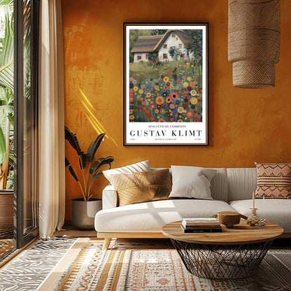 A vertical oil painting in the style of Gustav Klimt. A white-washed cottage with a brown thatched roof sits behind a dense field of colorful, circular wildflowers in shades of orange, red, blue, and yellow. The style features heavy, decorative textures and subtle golden highlights throughout the garden and roof.