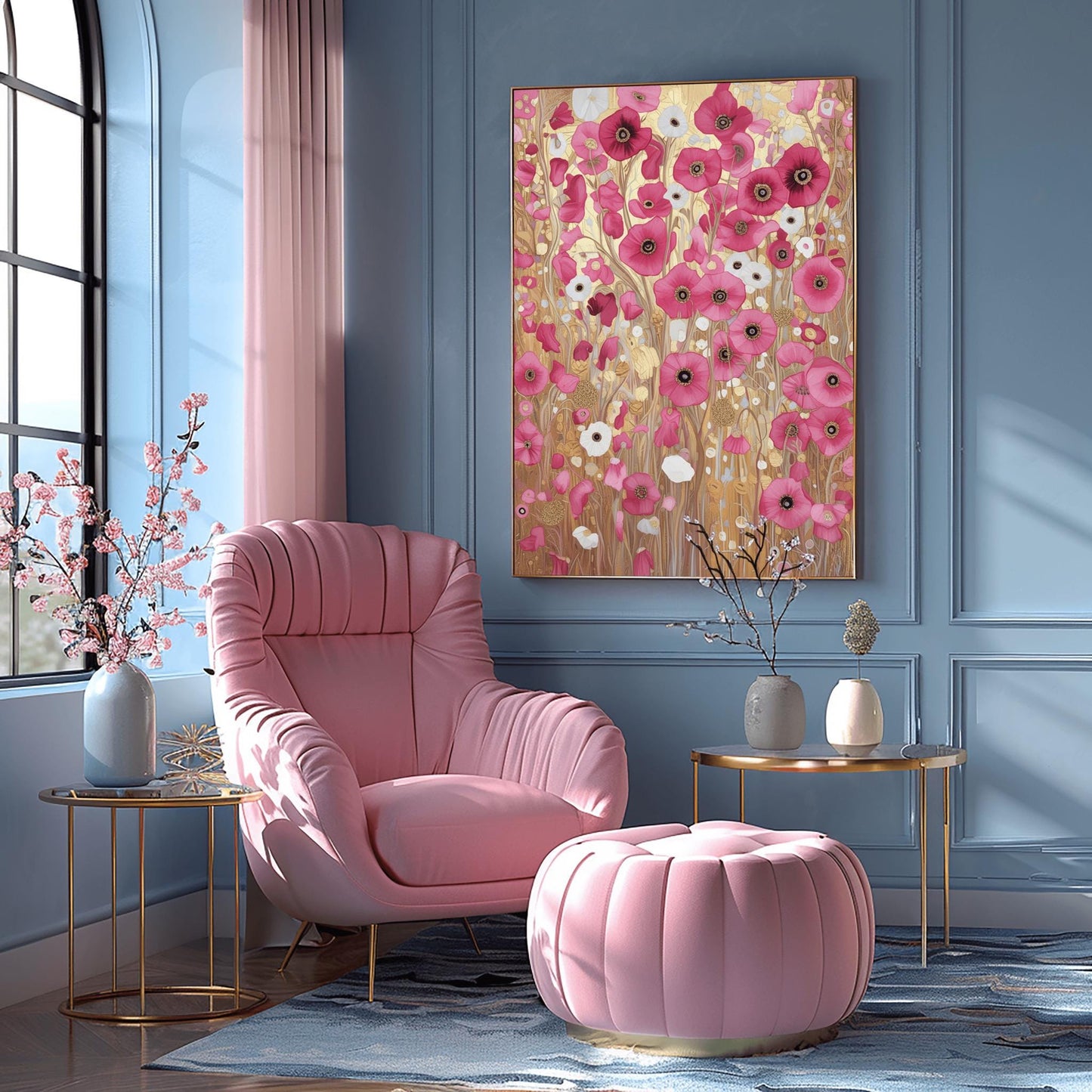A vertical fine art print in the style of Gustav Klimt. A dense field of vibrant pink and soft white poppies grows against a shimmering, ornate gold leaf background. The scene is filled with golden spirals, geometric patterns, and delicate stems, creating a rich, mosaic-like floral tapestry.