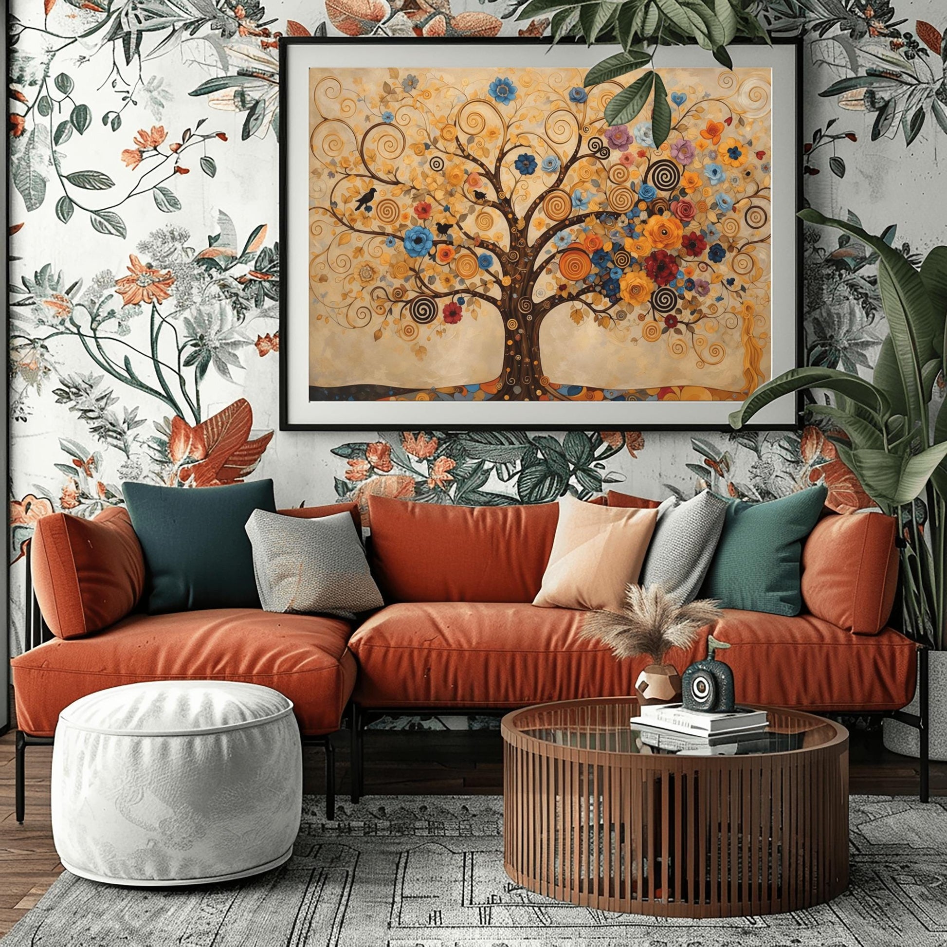 A horizontal fine art print in the style of Gustav Klimt. A large tree with dark branches that curl into golden spirals fills the frame. The tree is decorated with a variety of colorful blue, orange, and red flowers and small black birds. The background is a warm cream color with faint, swirling patterns.