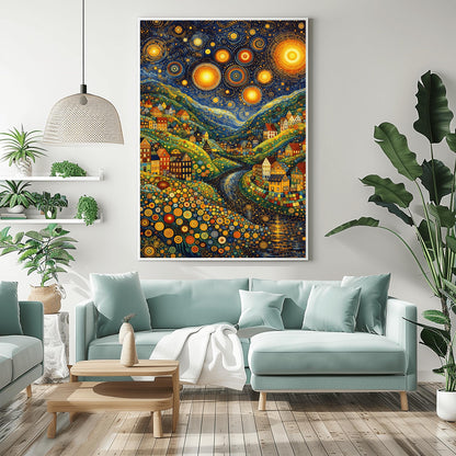 A vertical art print depicting a vibrant, stylized valley at night. The sky is filled with massive, glowing yellow stars with concentric circle patterns and golden swirls. Below, colorful houses with geometric details are built into hills made of green and yellow dots. A dark river winds through the center. The foreground is filled with multi-colored circular flower patterns. The overall style is a mix of mosaic textures and swirling post-impressionist brushwork.