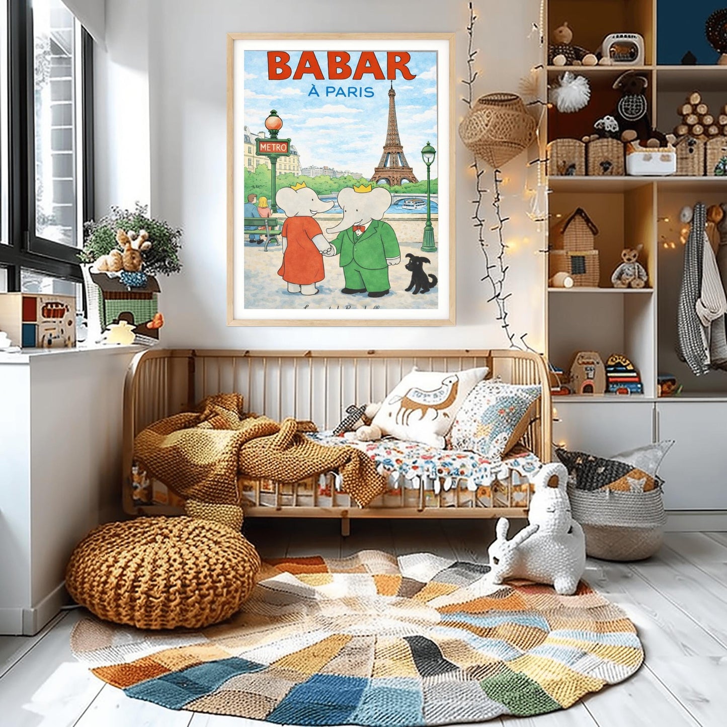 A vertical children's illustration poster titled "BABAR À PARIS" in large red and blue letters. King Babar, in a green suit, and Queen Celeste, in a red dress, are holding hands on a sidewalk in Paris. The Eiffel Tower is visible in the background across a river with a stone bridge and boat. To the left is a green "METRO" sign, and a small black dog sits to the right. The name "Laurent de Brunhoff" is at the bottom.