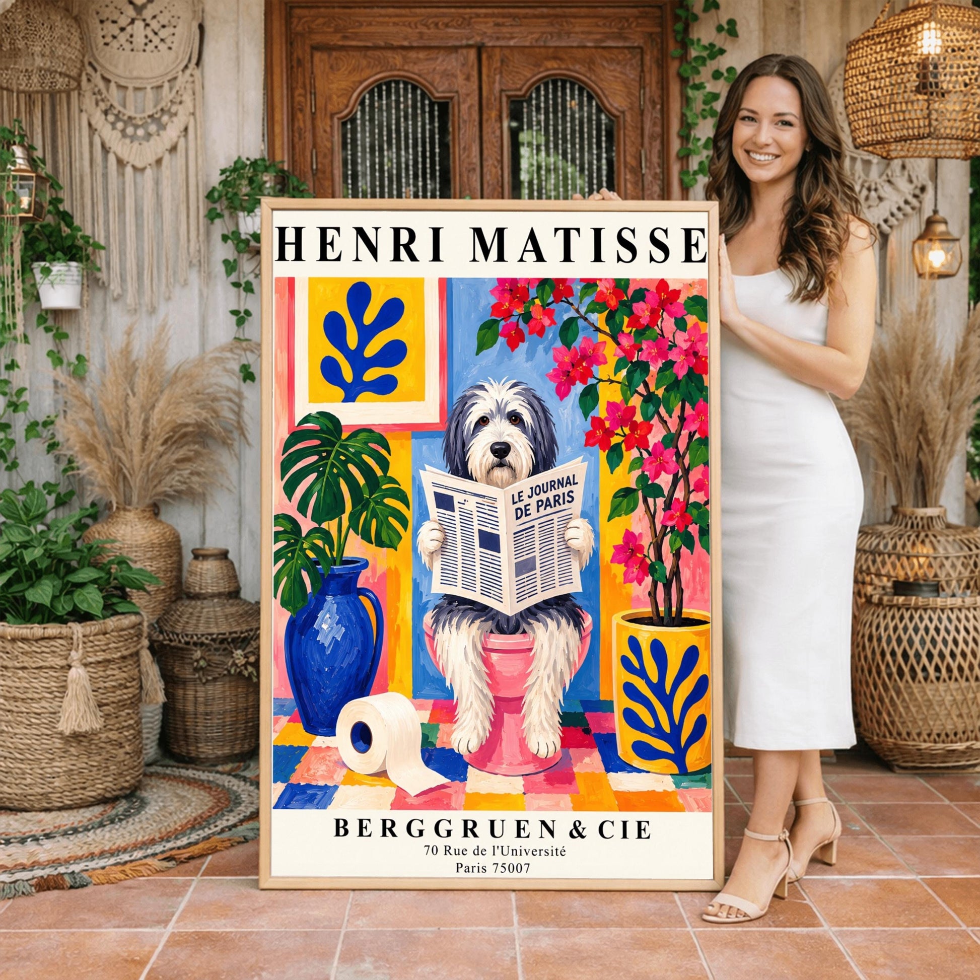 A vertical retro exhibition poster for Henri Matisse featuring a wide cream border. The central image shows a colorful Fauvism-style painting of a fluffy black-and-white Bearded Collie dog sitting on a pink toilet. The dog has shaggy fur and is looking forward while holding open a newspaper titled "LE JOURNAL DE PARIS". The background is a vibrant bathroom with a checkered mosaic floor, blue and yellow planters holding green monstera leaves