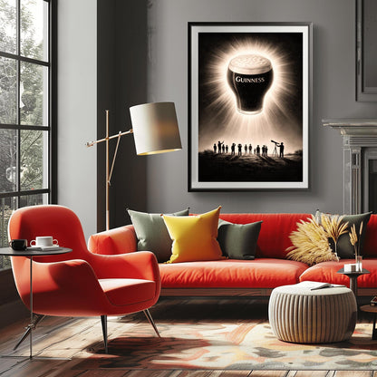 A vertical charcoal-style illustration. A pint of Guinness floats in a dark night sky like a solar eclipse, with bright rays of light radiating from behind the glass. Below, a group of tiny human silhouettes and one person with a telescope look up in wonder at the floating beer.