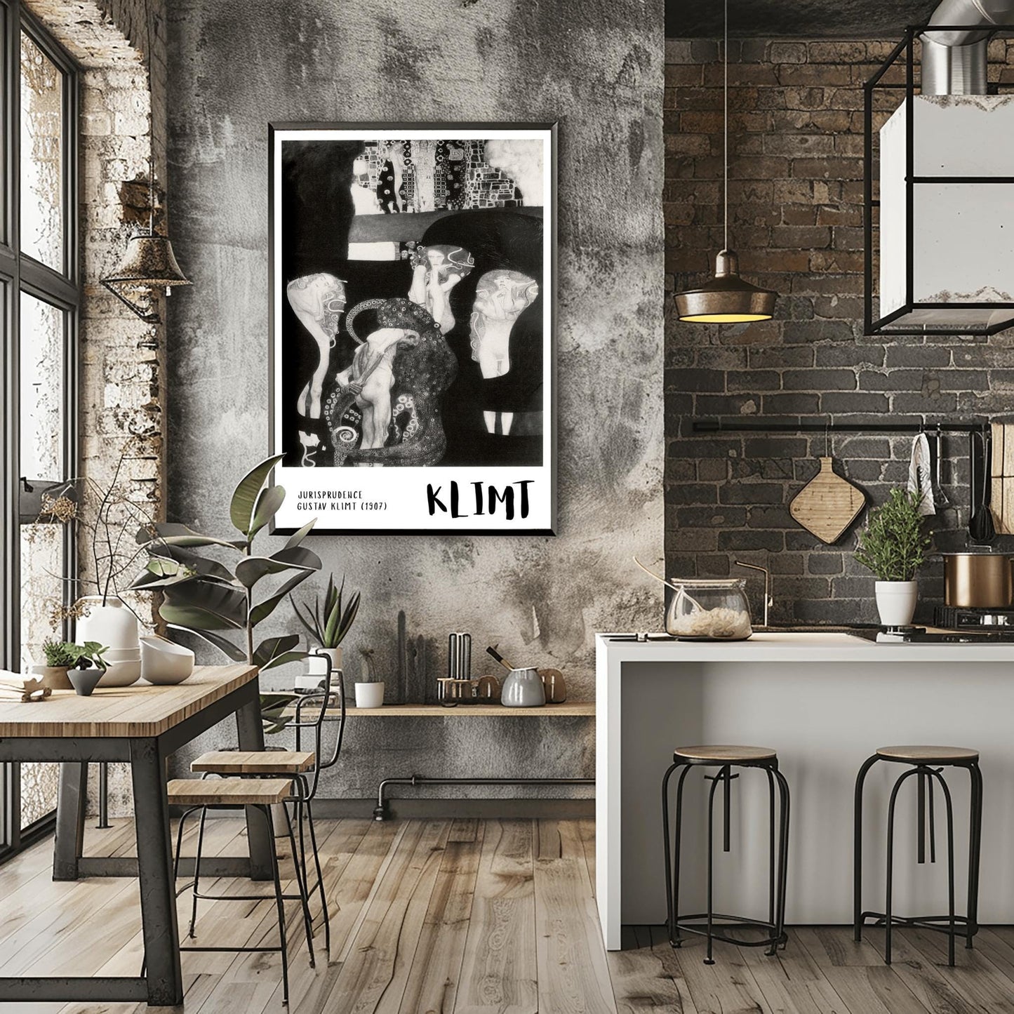A vertical museum exhibition poster featuring a black and white version of Gustav Klimt's 1907 painting "Jurisprudence." A central male figure is surrounded by an ornate, tentacled creature and ethereal female figures. The bottom border is white with bold black text reading "JURISPRUDENCE" and "KLIMT."