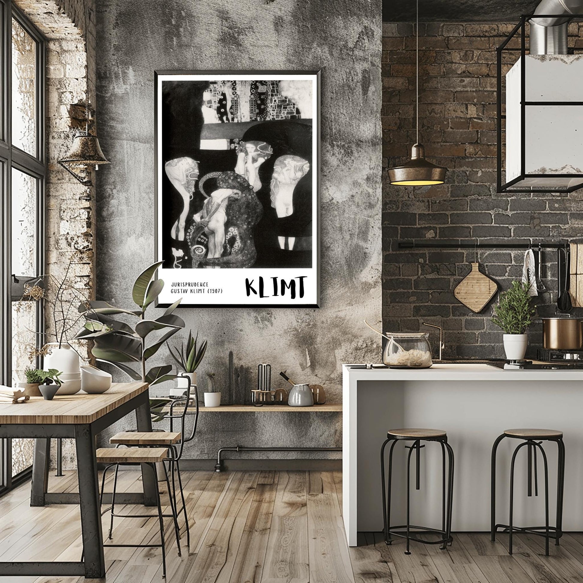 A vertical museum exhibition poster featuring a black and white version of Gustav Klimt's 1907 painting "Jurisprudence." A central male figure is surrounded by an ornate, tentacled creature and ethereal female figures. The bottom border is white with bold black text reading "JURISPRUDENCE" and "KLIMT."