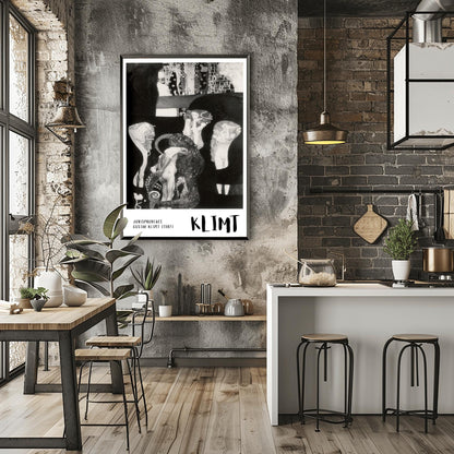 A vertical museum exhibition poster featuring a black and white version of Gustav Klimt's 1907 painting "Jurisprudence." A central male figure is surrounded by an ornate, tentacled creature and ethereal female figures. The bottom border is white with bold black text reading "JURISPRUDENCE" and "KLIMT."