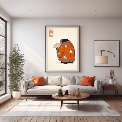 A vertical Japanese woodblock-style art print of a large, dark grey-black frog seen from behind. The frog is wearing an ornate burnt orange kimono decorated with white cloud motifs and blue piping. It holds a beige folding fan in its small hand. In the top left corner is a red rectangular stamp containing Japanese calligraphy. The entire image is set against a textured, pale cream background in a minimalist aesthetic.