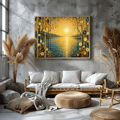 A horizontal art print in a decorative mosaic style inspired by Gustav Klimt. A large, radiant golden sun composed of shimmering circles hangs over a calm blue lake, with its light reflecting on the water's surface. The scene is framed on both sides by tall, thin birch trees decorated with stylized gold and cream flowers. Muted blue mountains are visible in the background under a sky filled with golden, dappled light patterns.