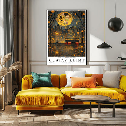 A vertical exhibition poster in the style of Gustav Klimt. A large, textured golden moon contains the iconic figures from "The Kiss" floating above a dark New York City skyline. The Chrysler Building is visible. In the foreground, a vintage trolley reflects in rain-slicked streets. Bold text at the bottom reads "GUSTAV KLIMT" and "NEW YORK."