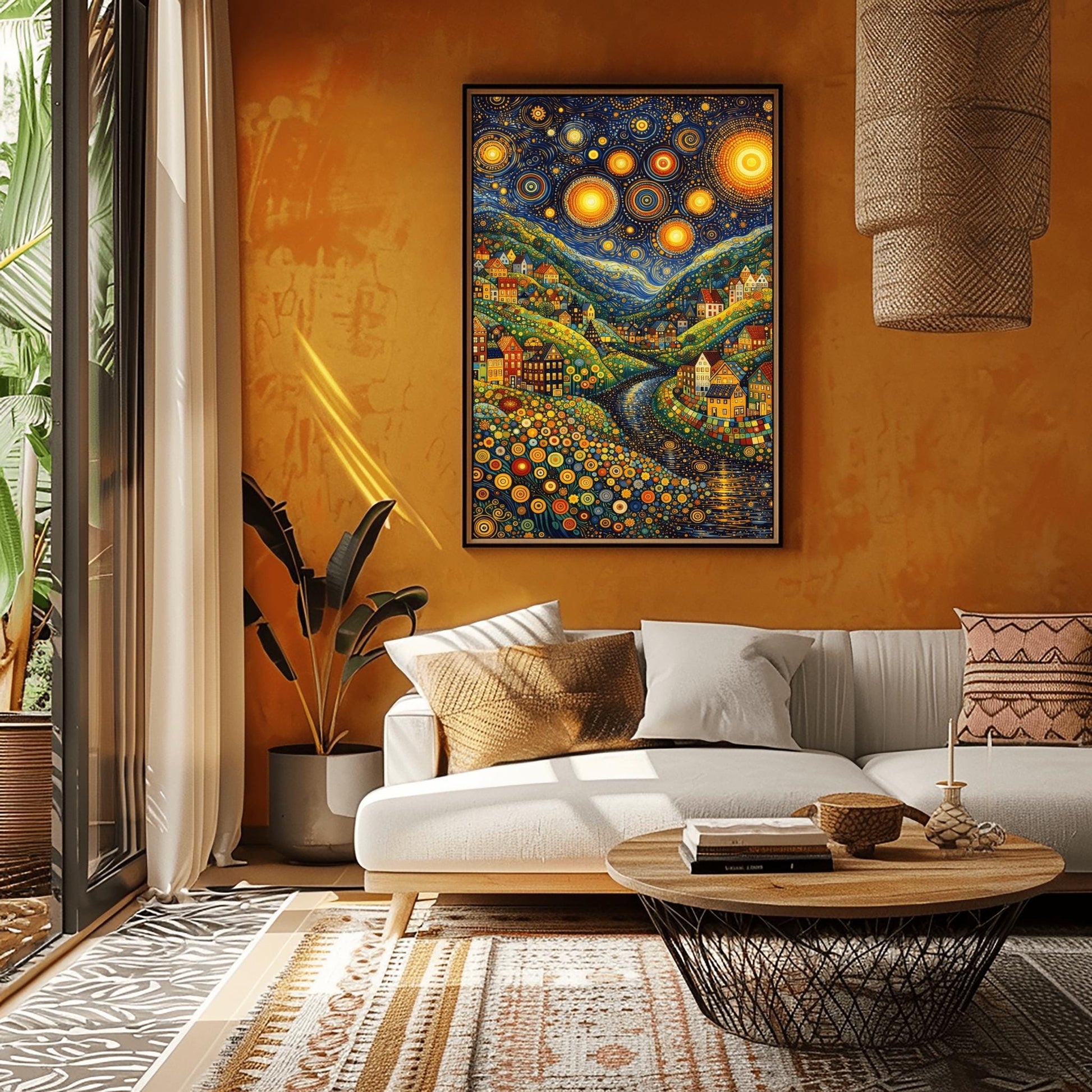 A vertical art print depicting a vibrant, stylized valley at night. The sky is filled with massive, glowing yellow stars with concentric circle patterns and golden swirls. Below, colorful houses with geometric details are built into hills made of green and yellow dots. A dark river winds through the center. The foreground is filled with multi-colored circular flower patterns. The overall style is a mix of mosaic textures and swirling post-impressionist brushwork.