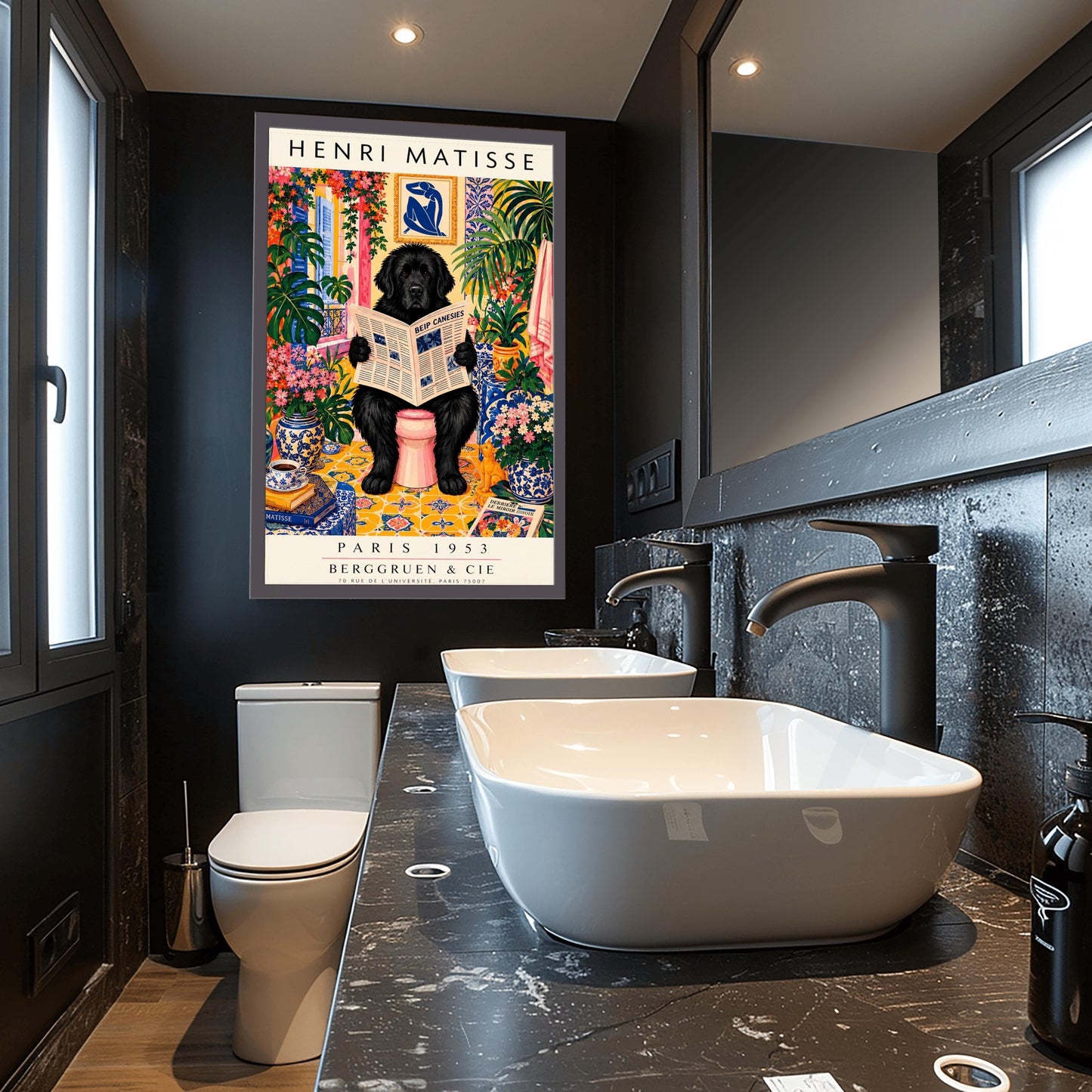 A vertical vintage-style art exhibition poster titled "HENRI MATISSE" at the top and "PARIS 1953 BERGGRUEN & CIE" at the bottom. The main image shows a large, fluffy black Newfoundland dog sitting on a pink toilet in a highly decorated bathroom, reading a newspaper. The room is filled with yellow pattern tiles, blue-and-white wallpaper, a blue Matisse cutout art frame on the wall, multiple large green houseplants, and vases filled with colorful pink flowers.
