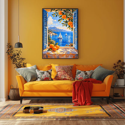 Matisse Coastal Print – Mediterranean Art Print with Blue Shutters & Oranges