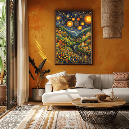 A vertical art print depicting a vibrant, stylized valley at night. The sky is filled with massive, glowing yellow stars with concentric circle patterns and golden swirls. Below, colorful houses with geometric details are built into hills made of green and yellow dots. A dark river winds through the center. The foreground is filled with multi-colored circular flower patterns. The overall style is a mix of mosaic textures and swirling post-impressionist brushwork.