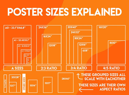 The image is a visual guide explaining the different poster sizes, including their relative sizes and scale relationships.