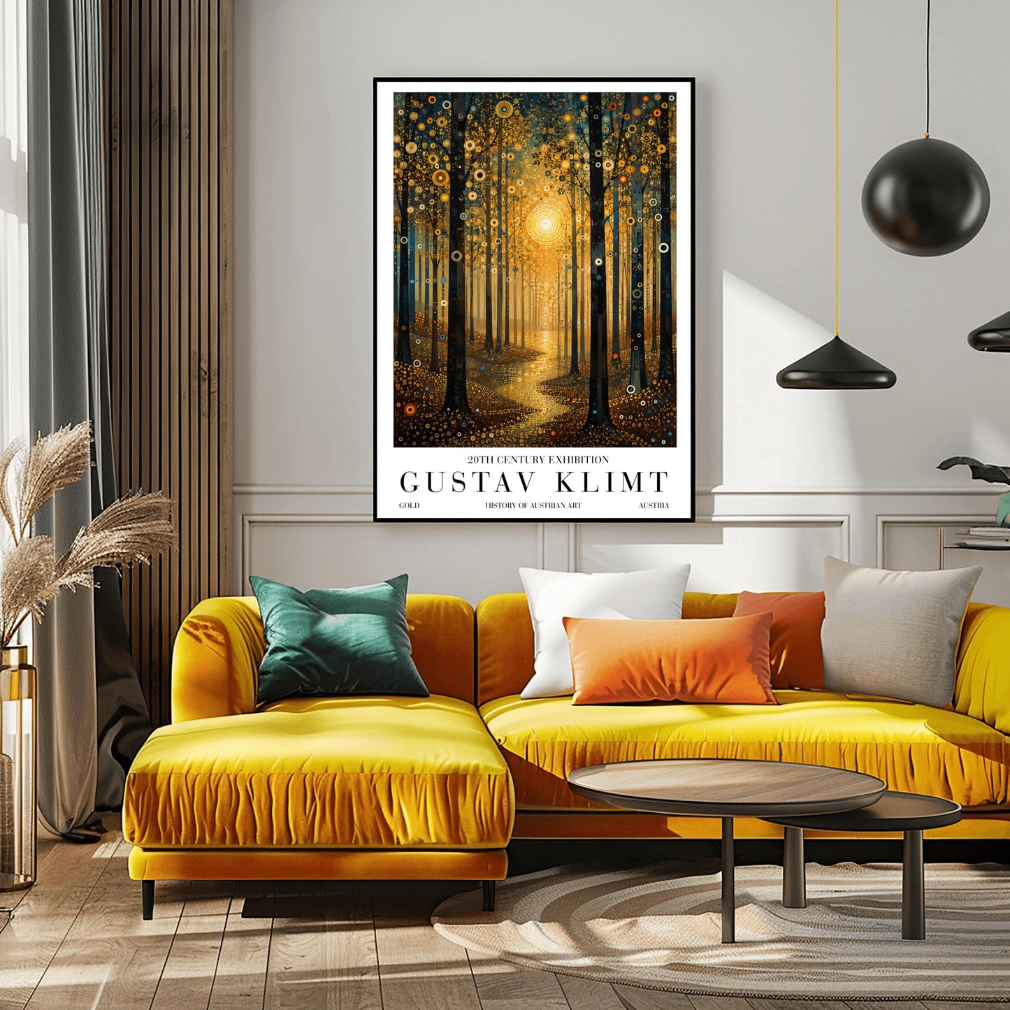 A vertical museum-style exhibition poster with a clean white border. The central illustration depicts a dense forest at sunset or sunrise in the decorative style of Gustav Klimt. A large, bright golden sun made of mosaic rings radiates in the center, casting a glowing path of liquid gold along a winding trail. Tall, dark tree trunks frame the composition, and the leaves and ground are covered in intricate golden spirals, target symbols, and circular patterns with small teal accents.