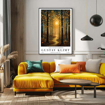 A vertical museum-style exhibition poster with a clean white border. The central illustration depicts a dense forest at sunset or sunrise in the decorative style of Gustav Klimt. A large, bright golden sun made of mosaic rings radiates in the center, casting a glowing path of liquid gold along a winding trail. Tall, dark tree trunks frame the composition, and the leaves and ground are covered in intricate golden spirals, target symbols, and circular patterns with small teal accents.