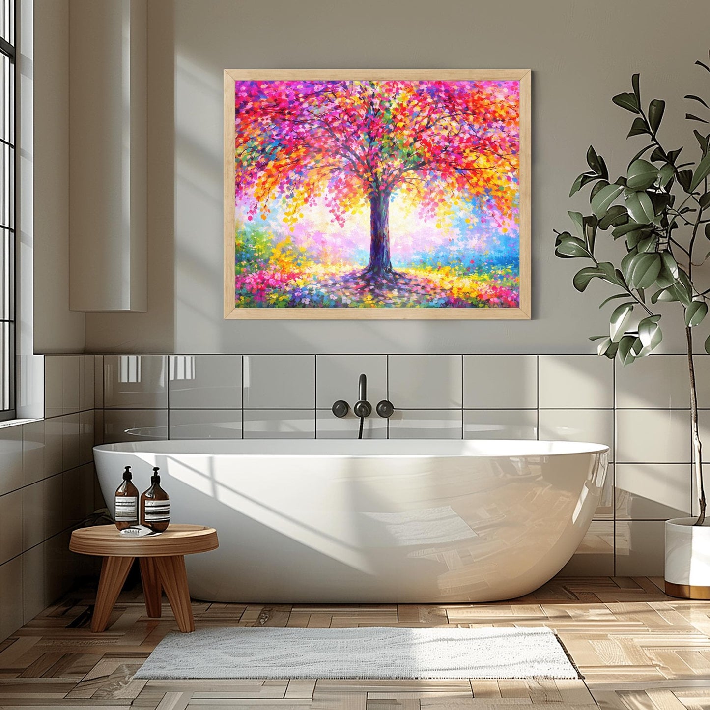 A horizontal landscape painting of a large, vibrant tree. The canopy is a dense, rounded mass of multi-colored leaves in pink, red, orange, yellow, and purple. The center of the tree glows with white and yellow light. The trunk is dark and textured. The tree sits in a soft, impressionist meadow of colorful flowers and mist. The style features thick, visible palette knife strokes.