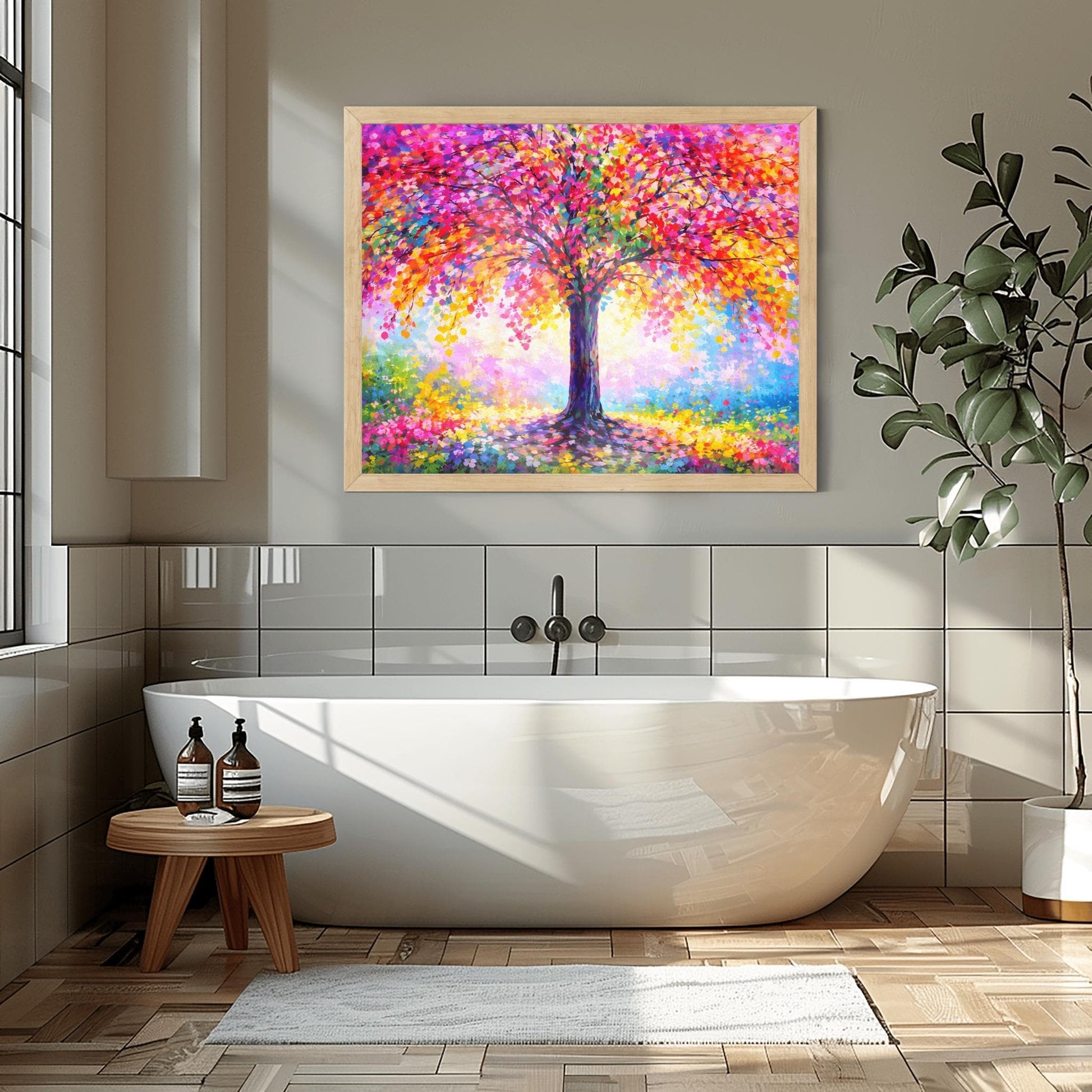 A horizontal landscape painting of a large, vibrant tree. The canopy is a dense, rounded mass of multi-colored leaves in pink, red, orange, yellow, and purple. The center of the tree glows with white and yellow light. The trunk is dark and textured. The tree sits in a soft, impressionist meadow of colorful flowers and mist. The style features thick, visible palette knife strokes.