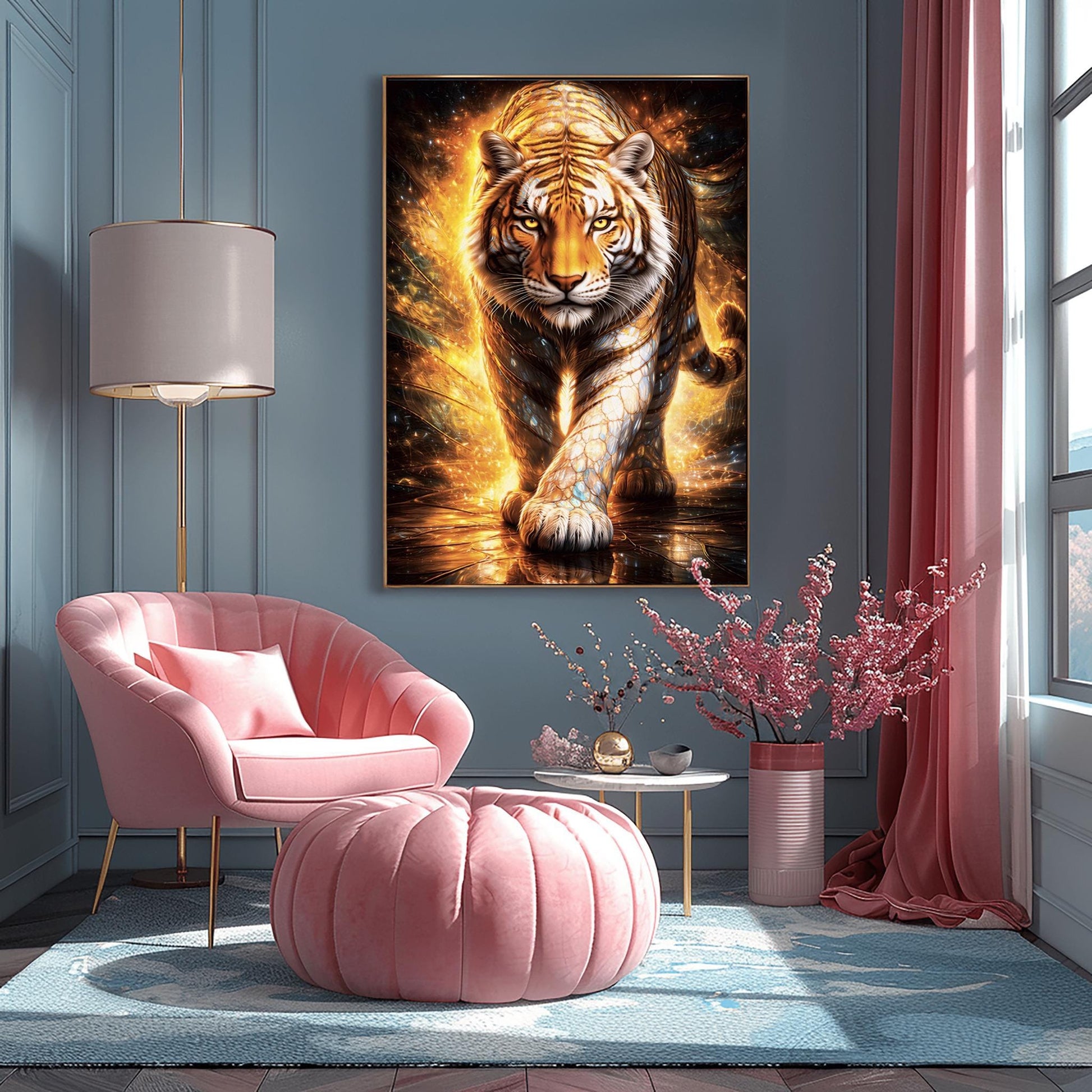 A vertical full-bleed illustration of a tiger in the style of Gustav Klimt. The tiger is prowling forward toward the viewer, its body covered in golden mosaic patterns and glowing orange light. The background is a swirl of amber sparks and gold-leaf textures.