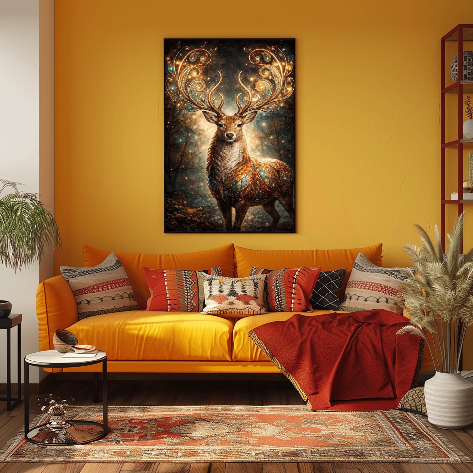 A vertical full-bleed illustration of a stag in the style of Gustav Klimt. The stag has massive, swirling golden antlers decorated with glowing gems. Its body is a mosaic of gold and turquoise. It stands in a misty, dark forest filled with golden sparks and floating embers.
