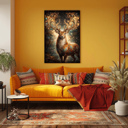A vertical full-bleed illustration of a stag in the style of Gustav Klimt. The stag has massive, swirling golden antlers decorated with glowing gems. Its body is a mosaic of gold and turquoise. It stands in a misty, dark forest filled with golden sparks and floating embers.