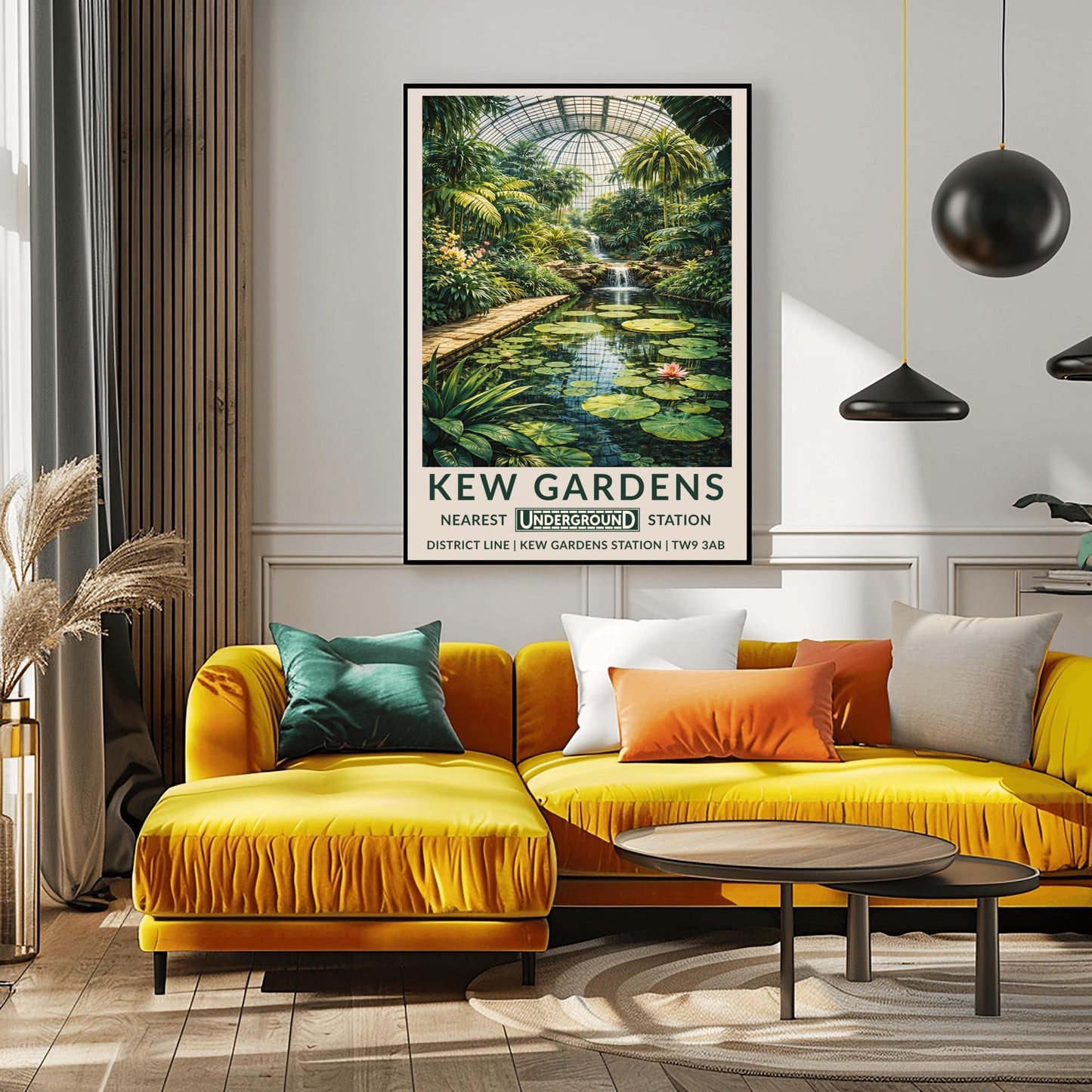 A vertical vintage-style travel poster for Kew Gardens. The artwork depicts the interior of a massive glass conservatory filled with dense tropical plants and tall palm trees. In the foreground, a calm pond features large green lily pads and pink flowers. A stone walkway runs alongside the pond leading toward a multi-tiered waterfall in the center. The scene is topped by a large, grid-patterned glass dome.