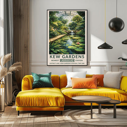 A vertical vintage-style travel poster for Kew Gardens. The artwork depicts the interior of a massive glass conservatory filled with dense tropical plants and tall palm trees. In the foreground, a calm pond features large green lily pads and pink flowers. A stone walkway runs alongside the pond leading toward a multi-tiered waterfall in the center. The scene is topped by a large, grid-patterned glass dome.