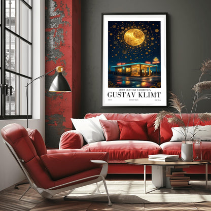 A vertical museum exhibition poster in the style of Gustav Klimt. A retro mid-century gas station and motel with neon signs stand in a desert landscape at night. A massive, ornate golden moon with mosaic patterns fills the top of a sky crowded with golden spirals and symbols. Bold black text at the bottom reads "GUSTAV KLIMT" and "DESERT MOON."