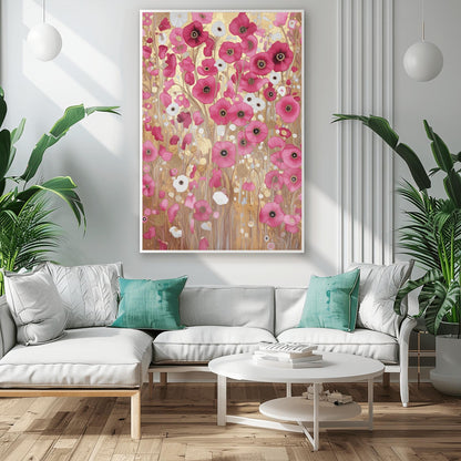 A vertical fine art print in the style of Gustav Klimt. A dense field of vibrant pink and soft white poppies grows against a shimmering, ornate gold leaf background. The scene is filled with golden spirals, geometric patterns, and delicate stems, creating a rich, mosaic-like floral tapestry.