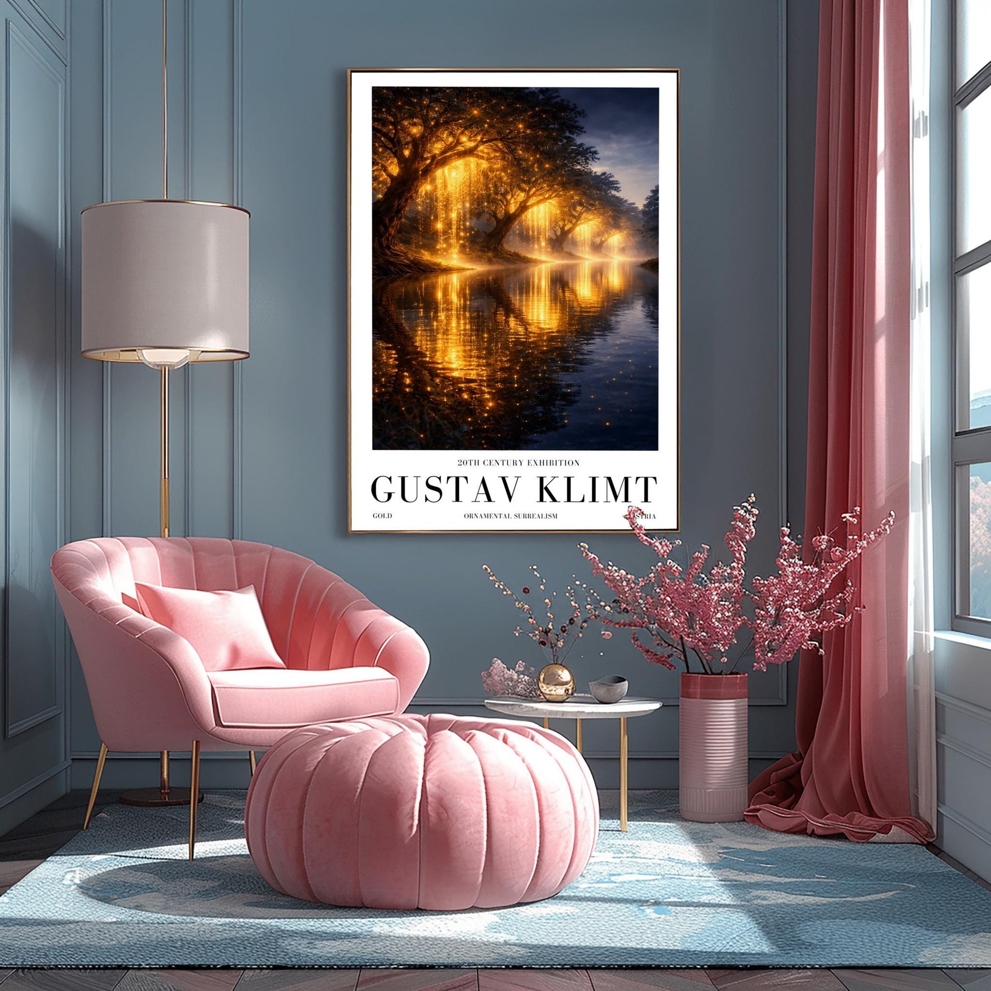 A vertical full-bleed landscape illustration in the style of Gustav Klimt. A row of weeping willow trees with branches made of liquid gold and sparkling embers lines a dark, tranquil river. The golden light reflects brilliantly on the water's surface under a dark twilight sky.