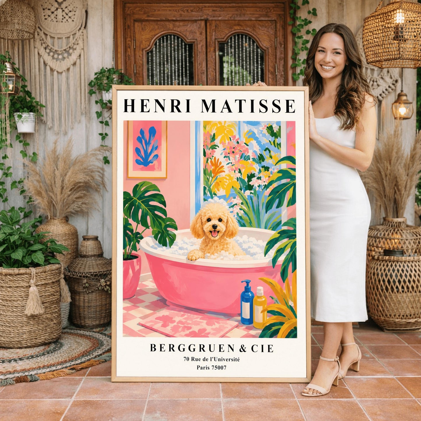 A vertical fine art exhibition poster in the style of Henri Matisse featuring a wide cream border. Bold black text reads "HENRI MATISSE" at the top and "BERGGRUEN & CIE" with a Parisian address at the bottom. The central painting shows an apricot toy poodle dog sitting in a pink bubble bath surrounded by a pink checkered floor, a monstera plant, and a large window overlooking colorful yellow and pink garden plants.