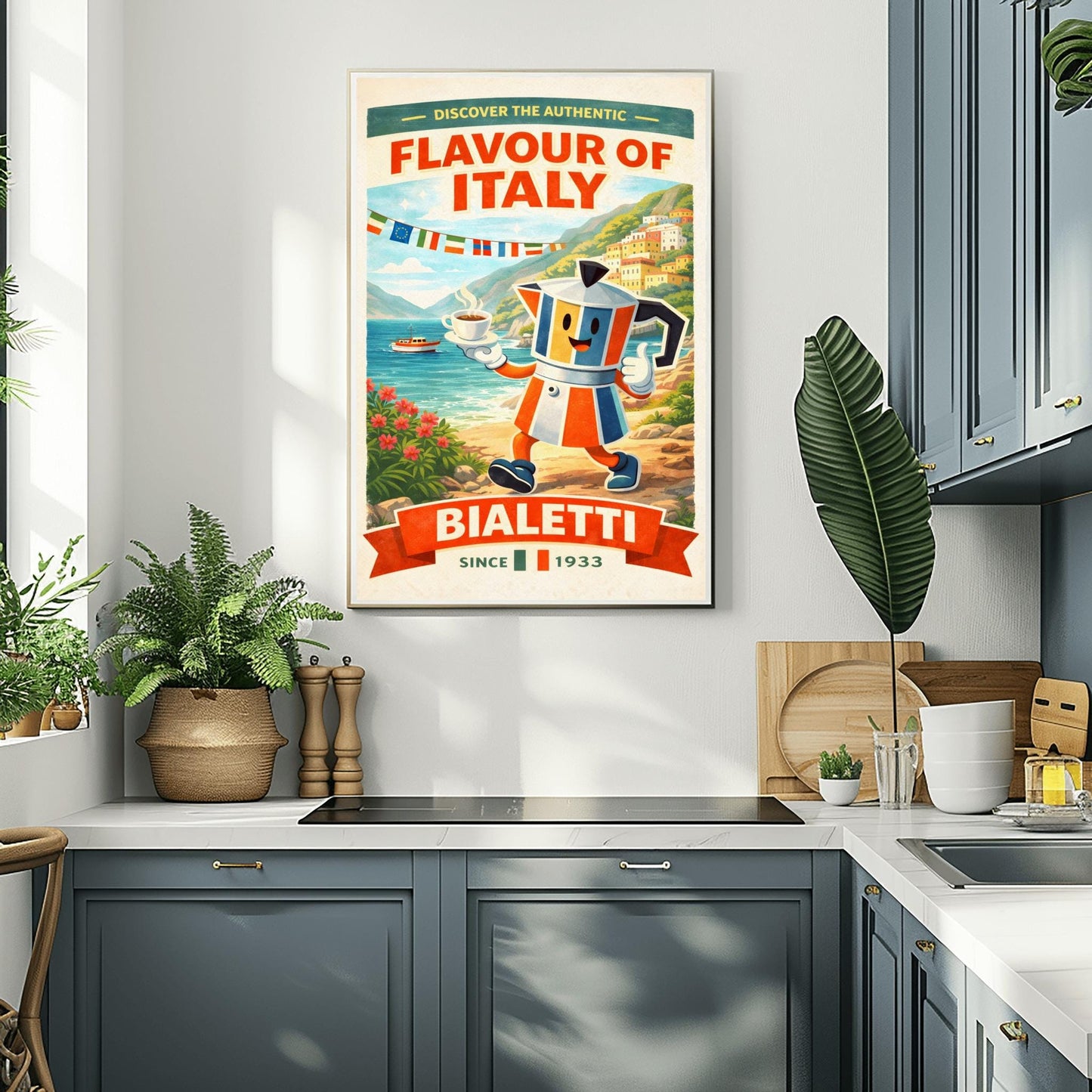 Bialetti Flavour of Italy Poster - Italian Riviera Coffee Art - Retro Moka Pot Mascot Print - Amalfi Coast Kitchen Decor - Whimsical Espresso Bar Wall Art - Vintage Travel Illustration
