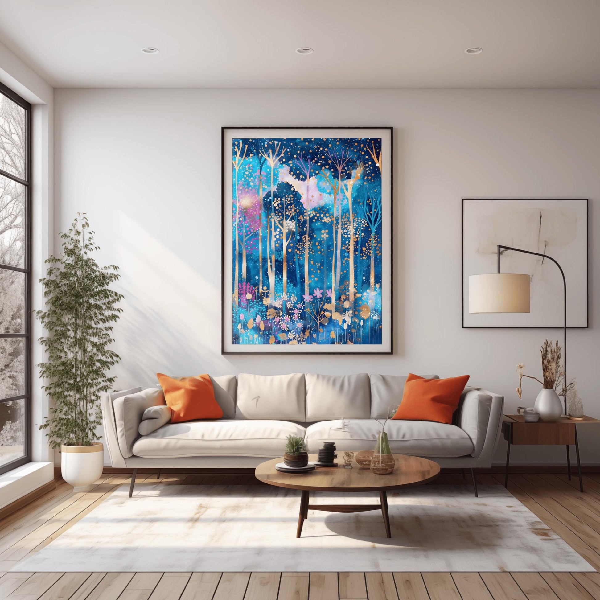 A vertical fine art print in the style of Gustav Klimt. A mystical forest with slender, glowing white and gold tree trunks set against a deep blue and periwinkle background. The canopy and floor are filled with thousands of tiny, glowing gold and amber dots, with small pink flowers at the base, creating a mosaic-like effect.