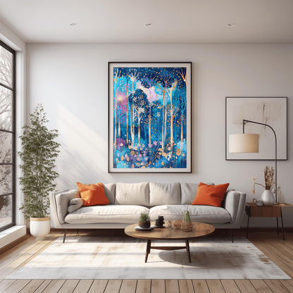 A vertical fine art print in the style of Gustav Klimt. A mystical forest with slender, glowing white and gold tree trunks set against a deep blue and periwinkle background. The canopy and floor are filled with thousands of tiny, glowing gold and amber dots, with small pink flowers at the base, creating a mosaic-like effect.