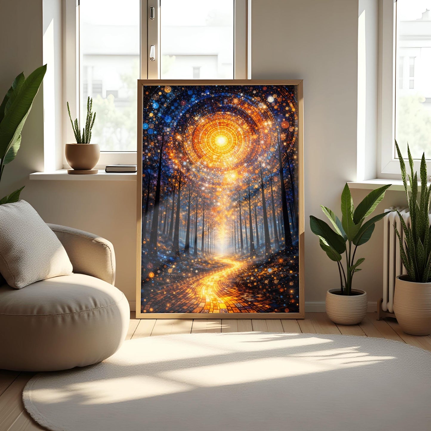 A vertical, highly detailed Art Nouveau illustration featuring a winding golden mosaic path leading through a dark forest toward a bright light. Above, a massive circular portal in the sky is made of intricate mosaic tiles in gold and blue. The scene is filled with shimmering golden stardust.