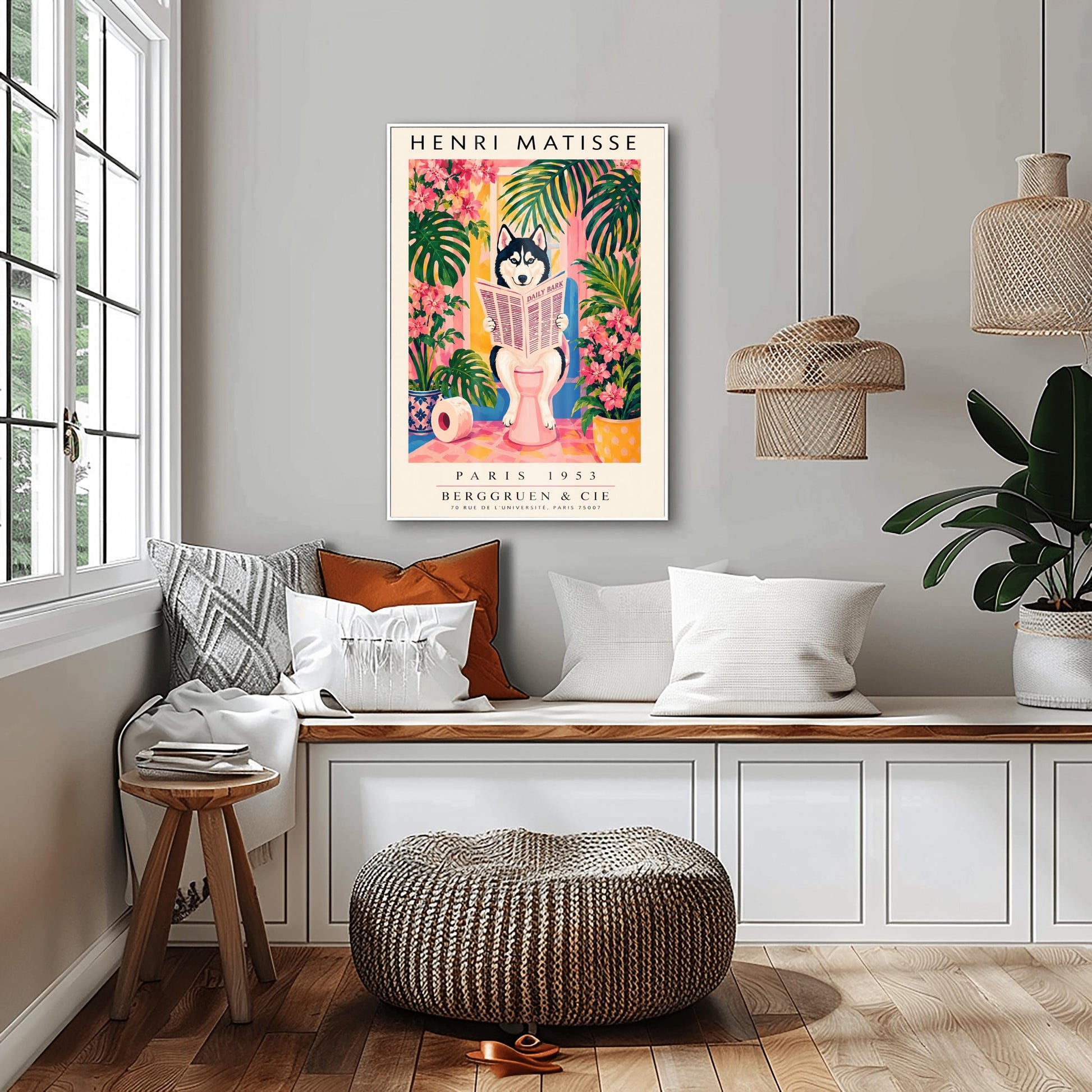 A vertical vintage-style art exhibition poster titled "HENRI MATISSE" at the top and "PARIS 1953 BERGGRUEN & CIE" at the bottom,. The center illustration shows a black-and-white Siberian Husky with blue eyes sitting on a pink toilet in a bright pink and yellow bathroom, reading a newspaper titled "DAILY BARK". The scene is framed by large green tropical leaves, bright pink flowers, a blue-and-white patterned planter, and a roll of toilet paper on the floor.