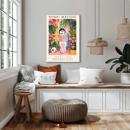 A vertical vintage-style art exhibition poster titled "HENRI MATISSE" at the top and "PARIS 1953 BERGGRUEN & CIE" at the bottom,. The center illustration shows a black-and-white Siberian Husky with blue eyes sitting on a pink toilet in a bright pink and yellow bathroom, reading a newspaper titled "DAILY BARK". The scene is framed by large green tropical leaves, bright pink flowers, a blue-and-white patterned planter, and a roll of toilet paper on the floor.