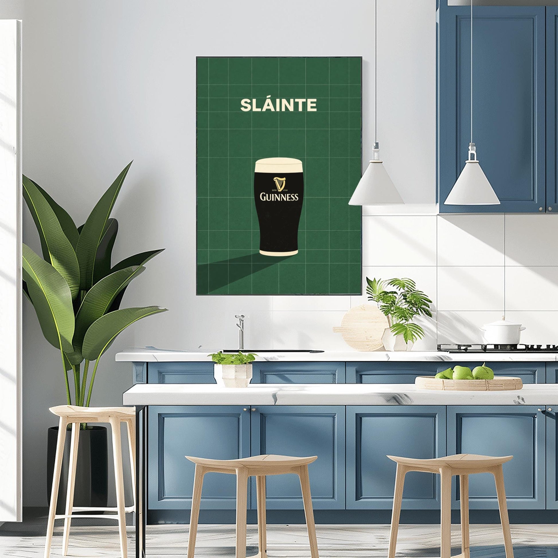 A vertical minimalist graphic with a dark green tiled background. A pint of Guinness with a gold harp logo sits at the bottom, casting a long shadow to the left. At the top, the word "SLÁINTE" is written in a bold, cream-colored font.