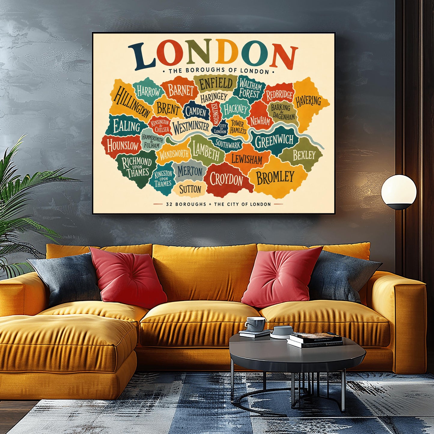 A horizontal vintage-style fine art exhibition poster mapping the boroughs of London. Set on a warm cream background with a wide border, the poster features a colorful, interlocking map of London's districts in shades of teal, orange, green, and yellow, with the River Thames running through the middle. A large, multicolored heading at the top reads "LONDON" and text at the bottom reads "32 BOROUGHS + THE CITY OF LONDON".
