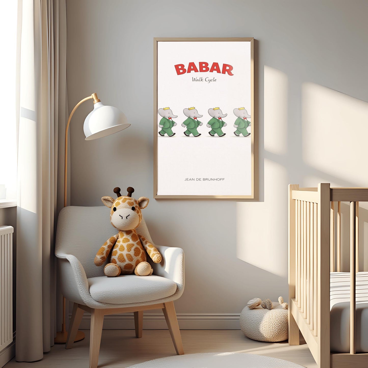 A vertical minimalist illustration poster titled "BABAR: Walk Cycle" in red and grey. The image features four identical figures of an elephant (Babar) in a green suit and crown, arranged in a horizontal line. Each figure is shown in a different stage of a walking stride, creating an animation sequence. The background is solid off-white. The name "JEAN DE BRUNHOFF" is at the bottom.